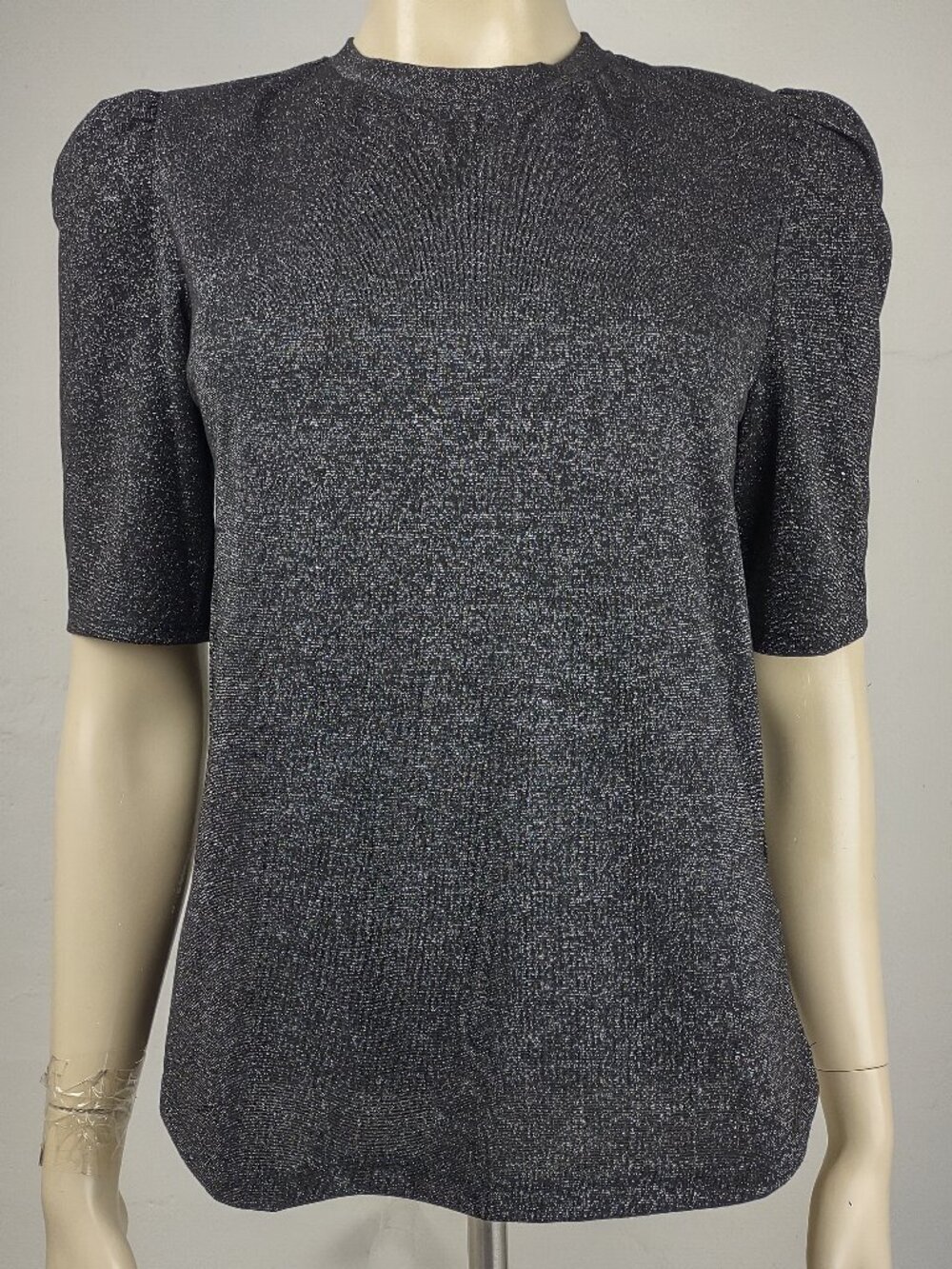 Trina Turk black metallic sparkly puff sleeve blouse top ladies Small